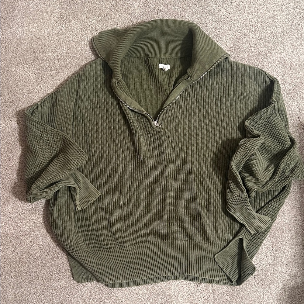 aerie Olive Ribbed Half-Zip Pullover Sweater